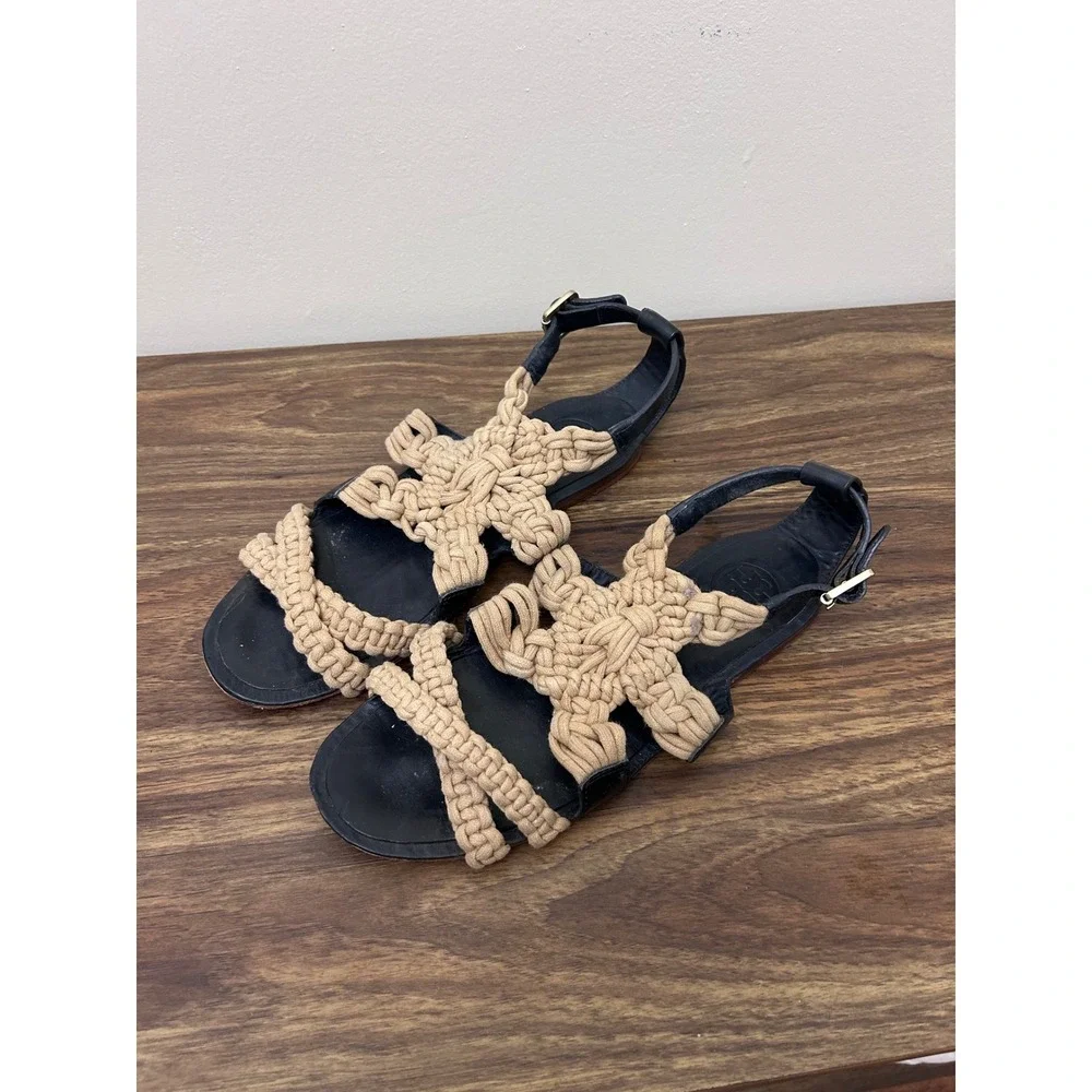 Tory Burch Black Leather Macrame Strap‎ Flat Sandals Women Size 7.5M
